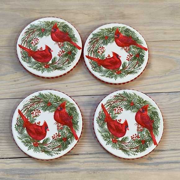 CARDINALS Red Bling Gems Round Coasters Greenery Berries Cork Bottom Set of 4 - Picture 5 of 9